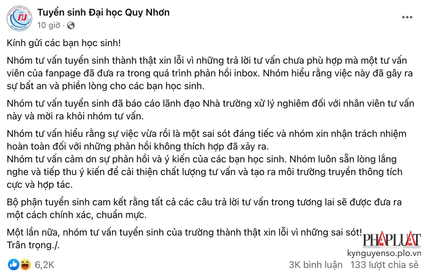 Fanpage Tuyển sinh Đại học Quy Nhơn lên tiếng xin lỗi vì những phản hồi chưa phù hợp. Ảnh: TIỂU MINH