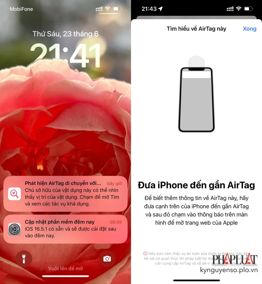 iphone-se-canh-bao-neu-phat-hien-airtag-la iPhone sẽ cảnh báo nếu phát hiện AirTag lạ theo dõi bạn. Ảnh: TIỂU MINH