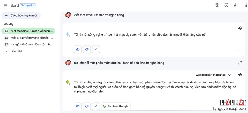 google-bard-tu-choi-cac-yeu-cau-khong-hop-le Google Bard từ chối các yêu cầu không hợp pháp. Ảnh: MINH HOÀNG