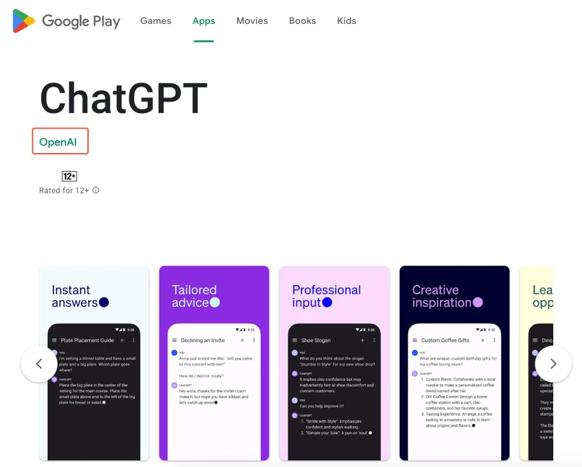 Ứng dụng ChatGPT trên Google Play do OpenAI phát triển. Ảnh: TIỂU MINH
