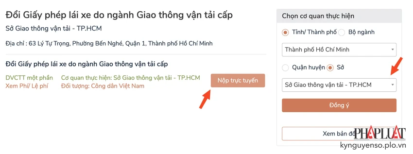 chon-co-quan-doi-gplx Chọn cơ quan thực hiện tại Tỉnh/thành phố và Sở GTVT tương ứng. Ảnh: MINH HOÀNG