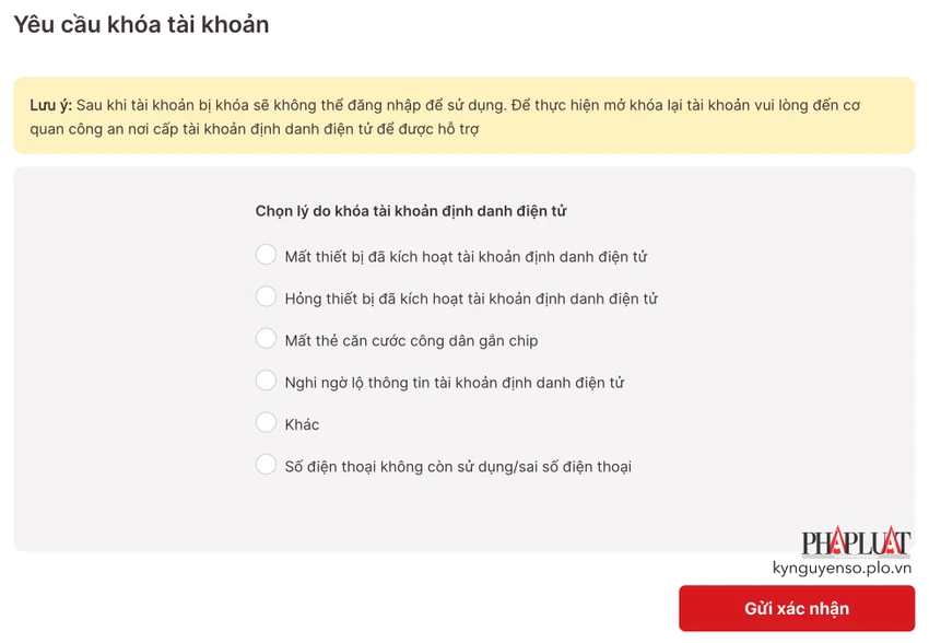 chon-ly-do-khoa-tai-khoan-vneid Chọn lý do khóa tài khoản VNeID. Ảnh: MINH HOÀNG