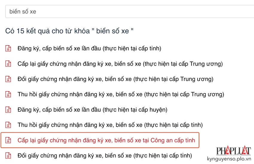 Chọn thủ tục cấp lại biển số xe tại Công an cấp tỉnh. Ảnh: MINH HOÀNG