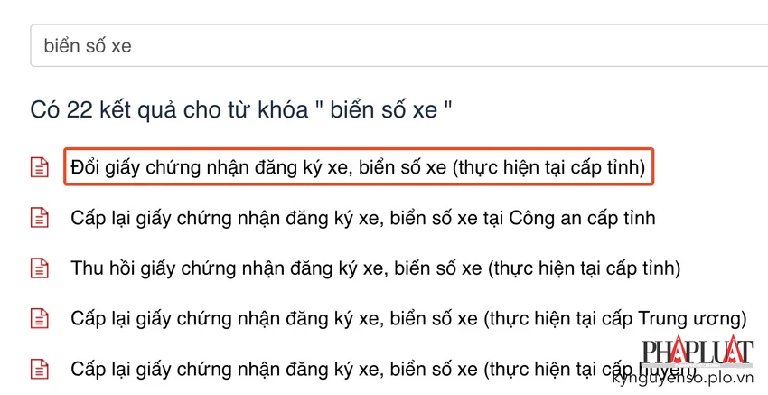 chon-thu-tuc-doi-giay-chung-nhan-dang-ky-xe-bien-so-xe Chọn thủ tục tương ứng trên công dịch vụ công Bộ Công an. Ảnh: MINH HOÀNG