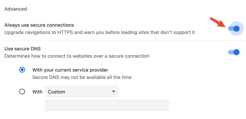 Bật kết nối an toàn trên Google Chrome. Ảnh: TIỂU MINH
