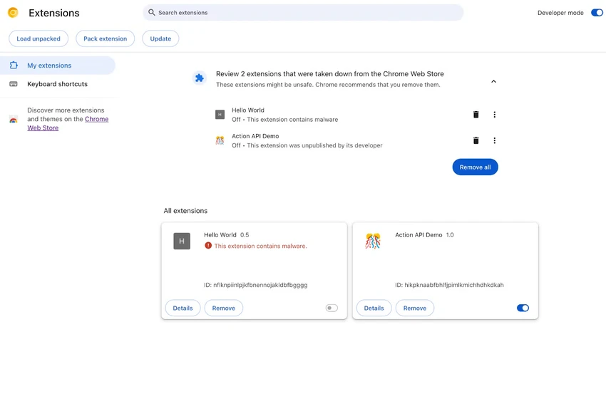 Xóa các tiện ích mở rộng độc hại. Ảnh: Google