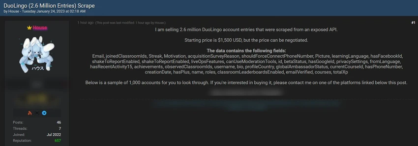 du-lieu-nguoi-dung-duolingo-bi-ro-ri Dữ liệu người dùng Duolingo bị rao bán trên một diễn đàn hack. Ảnh: Falcon Feeds