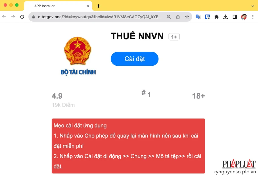 Trang web tải ứng dụng thuế giả mạo