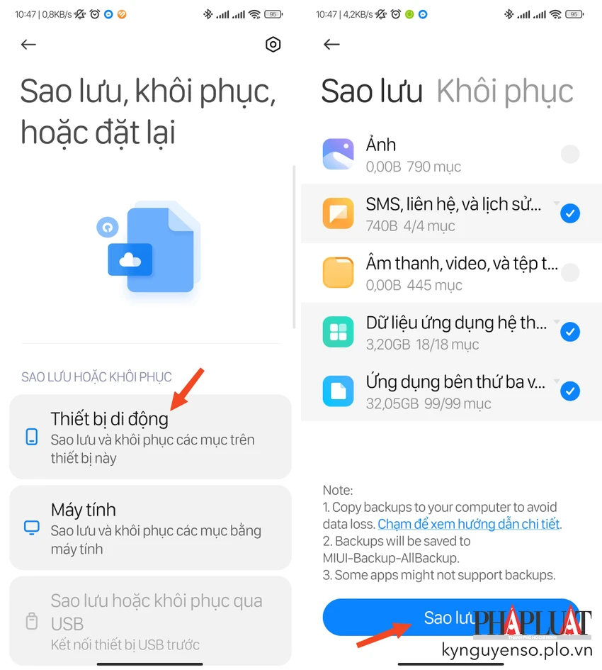 Sao lưu dữ liệu tin nhắn, hình ảnh, âm thanh… trên điện thoại Android. Ảnh: TIỂU MINH