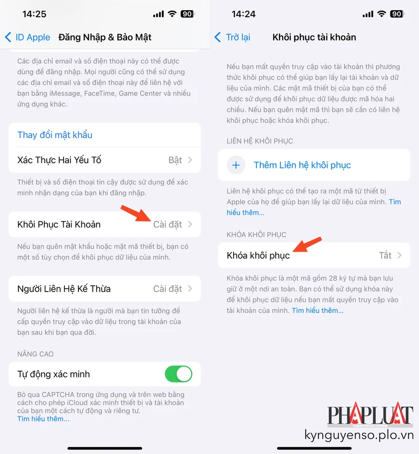 Cách bật tính năng khóa khôi phục trên iPhone. Ảnh: MINH HOÀNG
