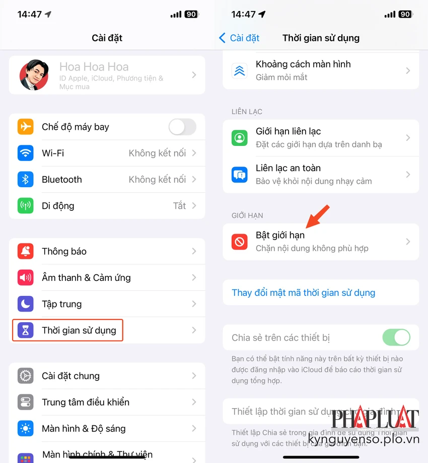 Cách bật tính năng thời gian sử dụng trên iPhone. Ảnh: MINH HOÀNG