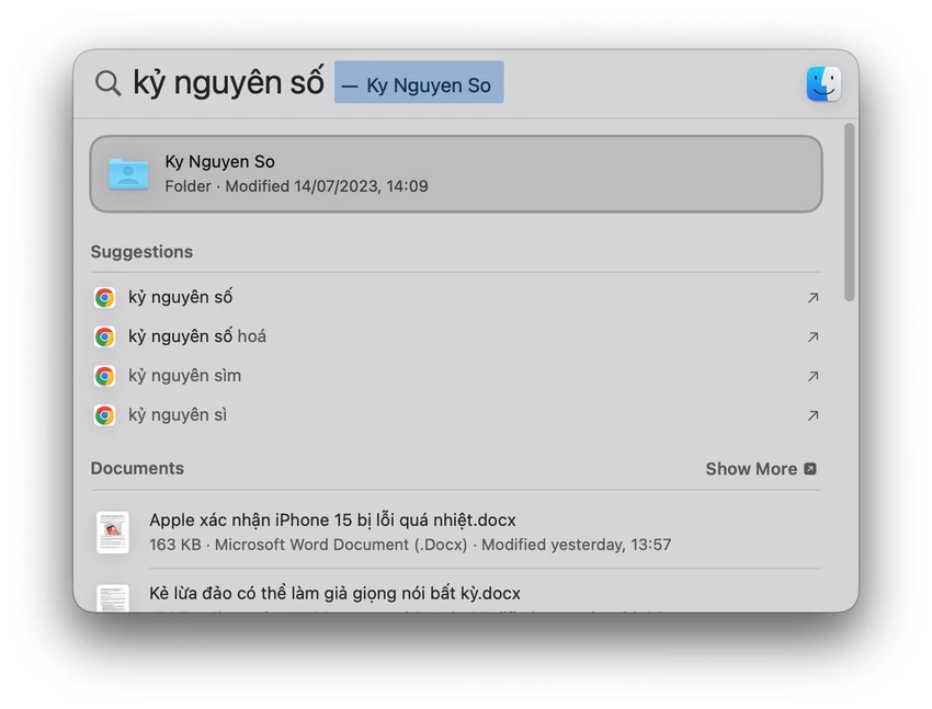 Spotlight gợi ý các kết quả có liên kết với Google Search. Ảnh: TIỂU MINH