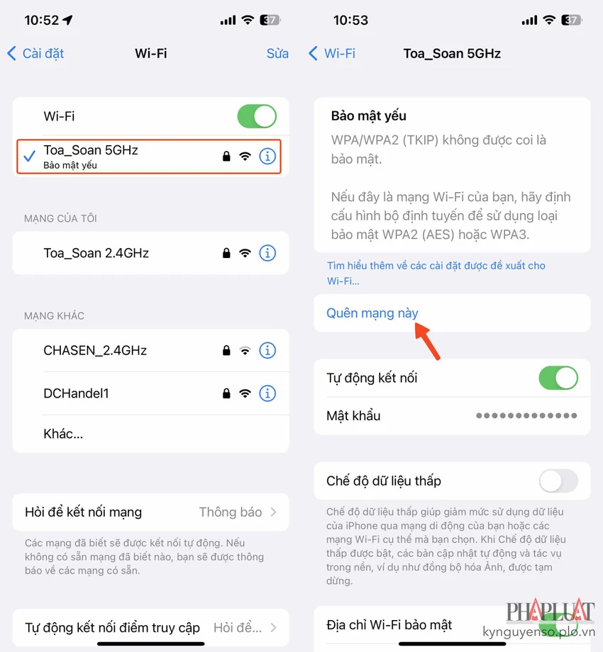 Quên mạng WiFi trên iPhone. Ảnh: TIỂU MINH