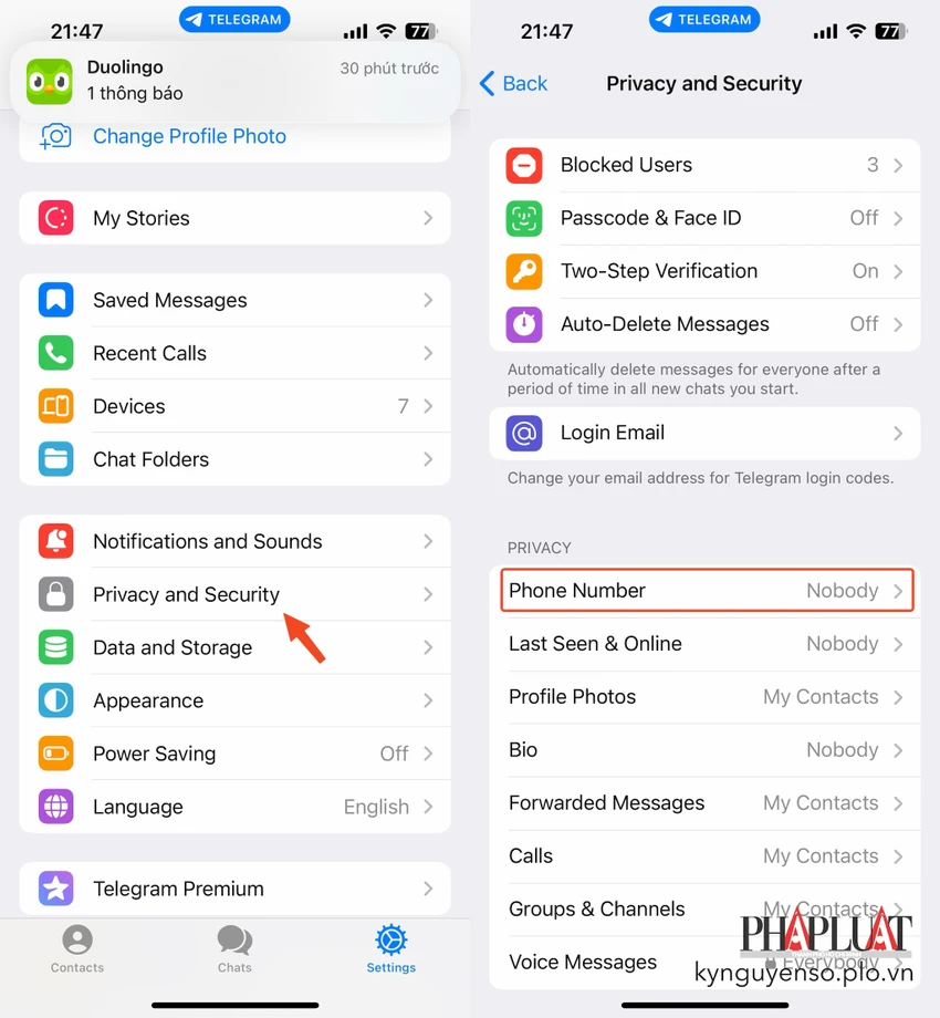 Ẩn số điện thoại trên Telegram bằng iPhone. Ảnh: MINH HOÀNG