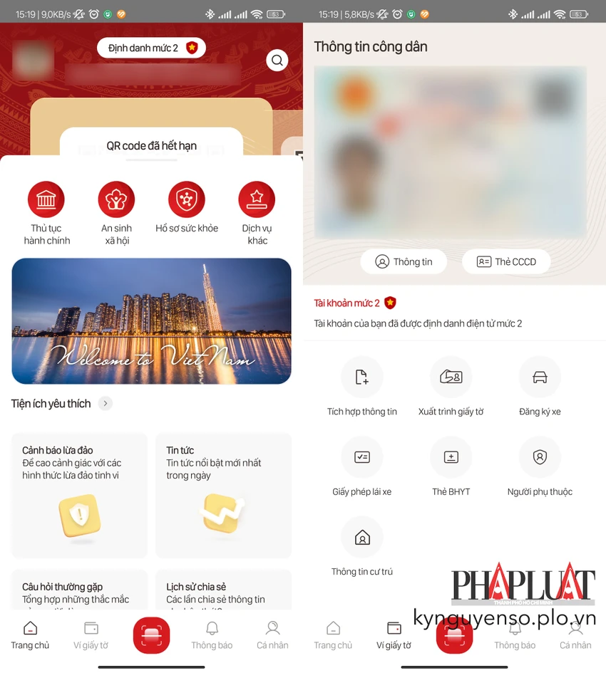 Giao diện chính của VNeID mức 2. Ảnh: MINH HOÀNG