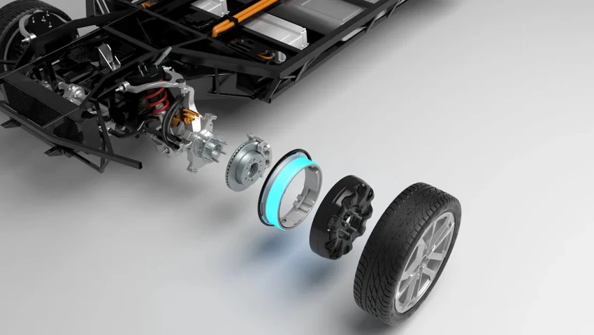 Thiết kế của Elaphe kết hợp tất cả các bộ phận của động cơ trong một trục bánh xe tiêu chuẩn, bao gồm hệ thống treo, phanh và rotor động cơ. Ảnh: Elaphe Propulsion Technologies