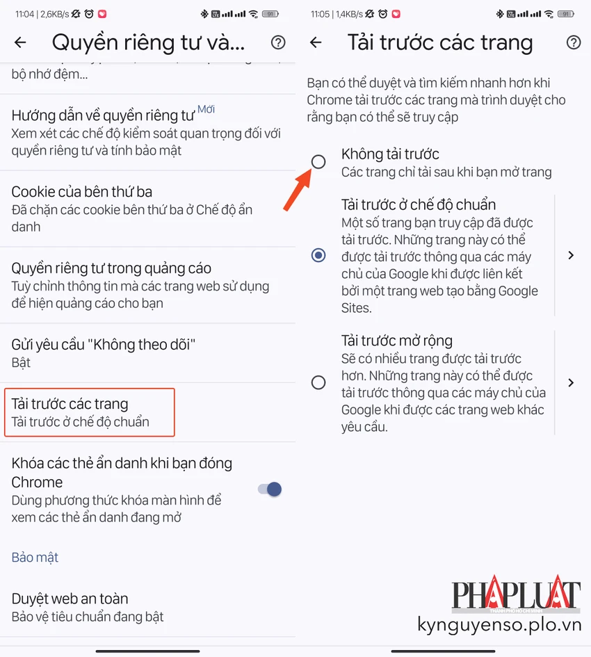 Tắt tính năng tải trước trang để giảm hao pin trên Chrome. Ảnh: TIỂU MINH