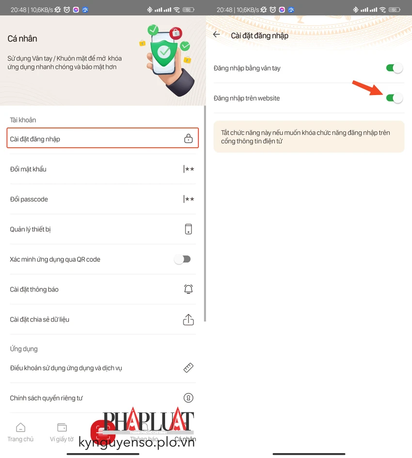 Bật tùy chọn đăng nhập VNeID trên website. Ảnh: MINH HOÀNG