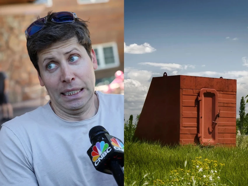 Giám đốc điều hành OpenAI Sam Altman (trái) và lối vào hầm trú ẩn (phải). Ảnh: Kevin Dietsch/Getty