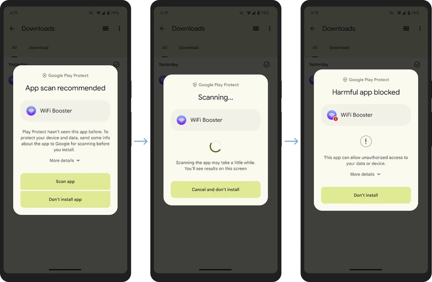Quá trình quét ứng dụng theo thời gian thực của Google Play Protect để kiểm tra xem ứng dụng có độc hại hay không. Ảnh: Google