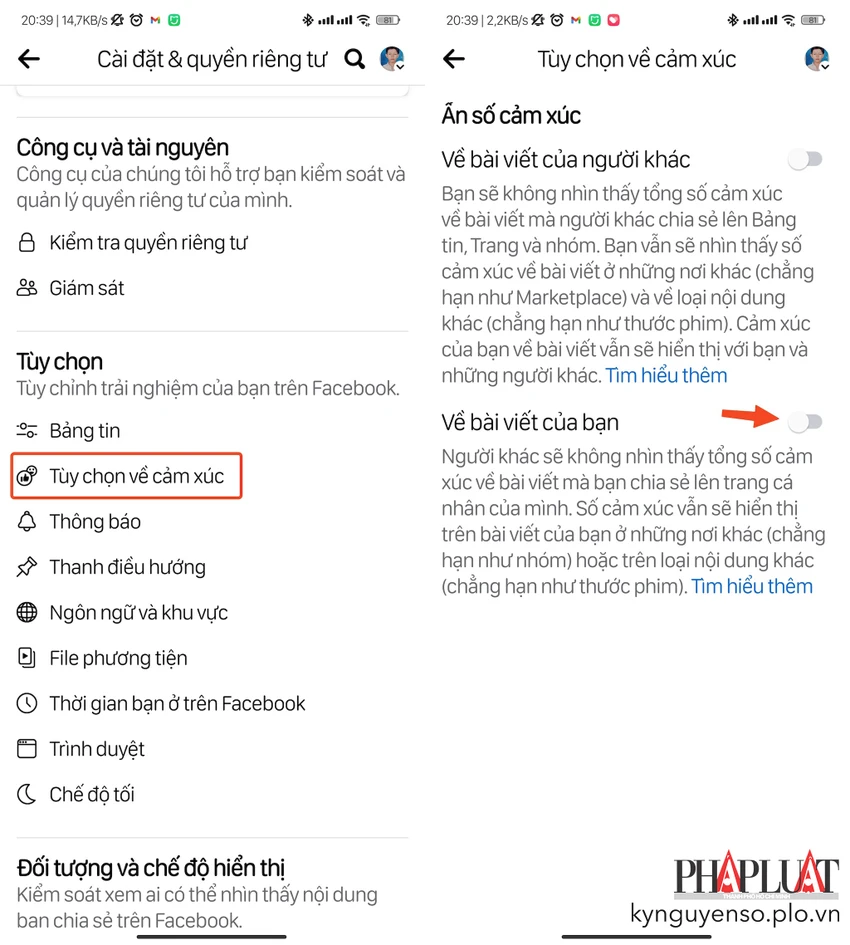 Cách ẩn lượt thích trên Facebook bằng điện thoại Android. Ảnh: MINH HOÀNG