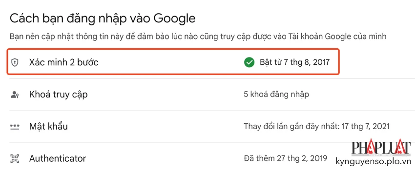 Bật tính năng xác minh 2 bước để bảo vệ tài khoản Gmail. Ảnh: MINH HOÀNG