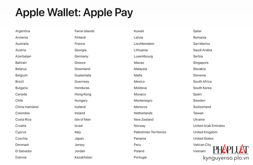 Các quốc gia hỗ trợ Apple Pay. Ảnh chụp màn hình