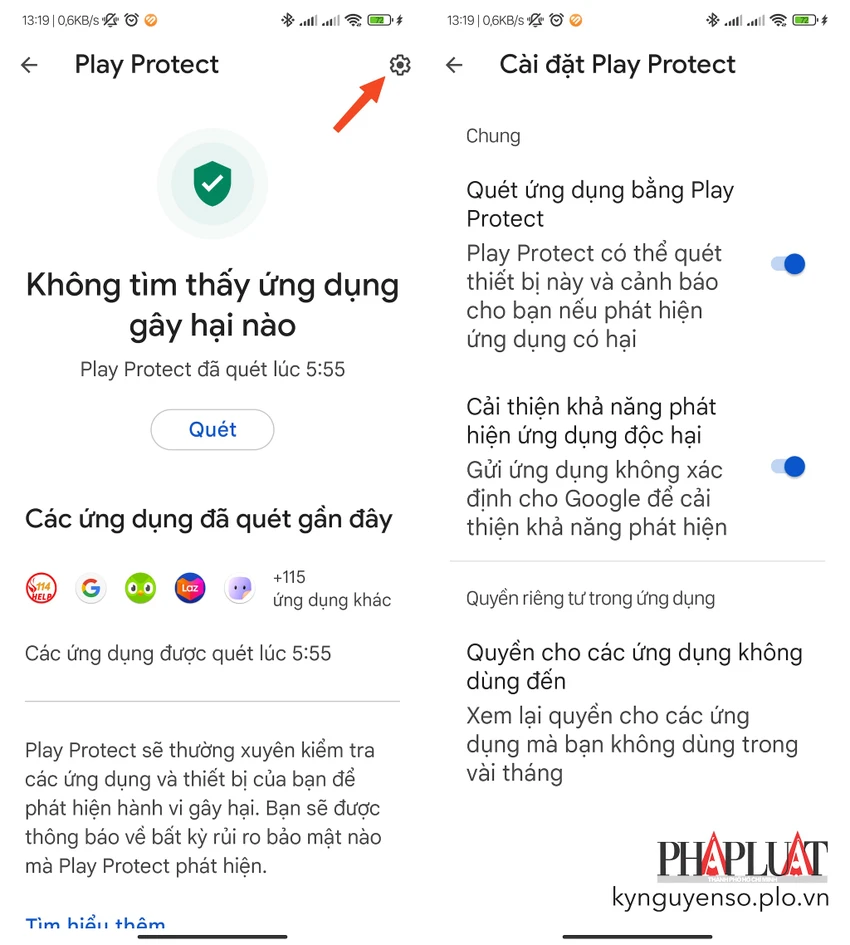 Bật Play Protect để phát hiện keylogger. Ảnh: TIỂU MINH