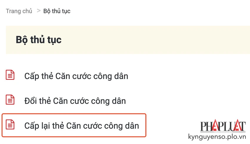 Chọn thủ tục cấp lại thẻ căn cước công dân. Ảnh: MINH HOÀNG