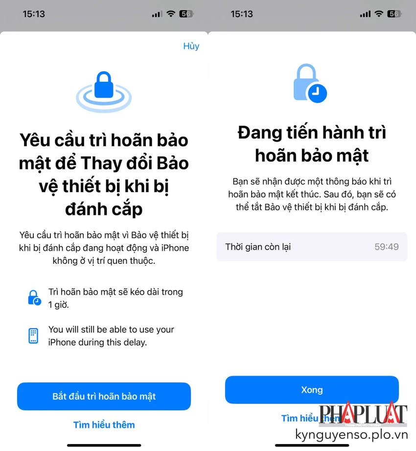 iPhone sẽ trì hoãn 1 tiếng trước khi cho phép đổi mật khẩu Apple ID hoặc tắt/mở các tính năng liên quan đến bảo mật. Ảnh: MINH HOÀNG