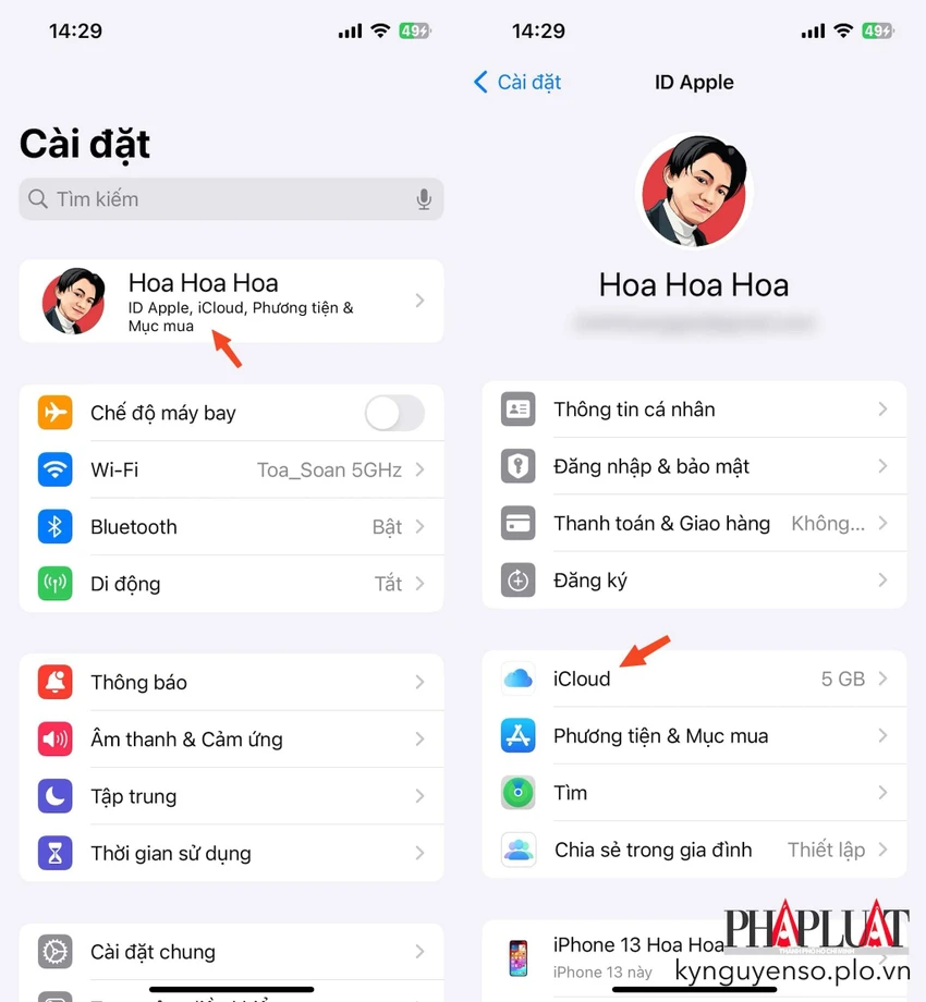 Truy cập vào phần cài đặt iCloud trên iPhone. Ảnh: MINH HOÀNG