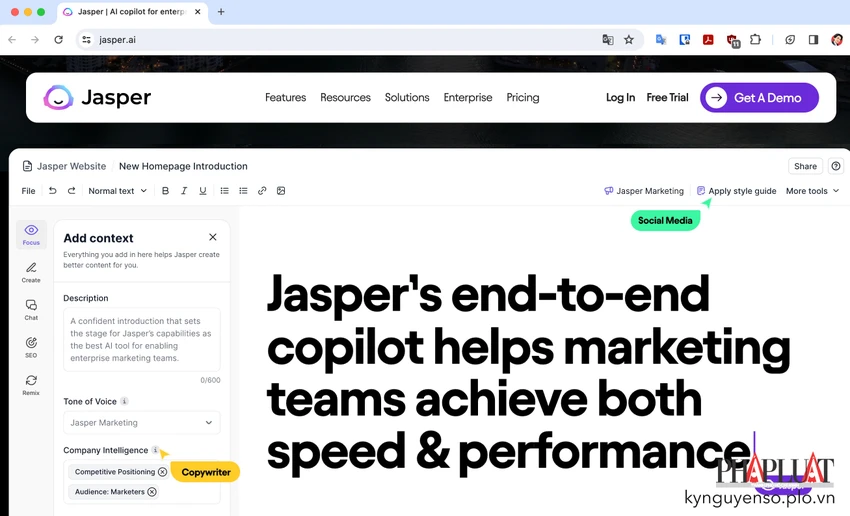 Jasper AI là một trong những công cụ hỗ trợ viết quảng cáo bằng AI đầu tiên. Ảnh: TIỂU MINH