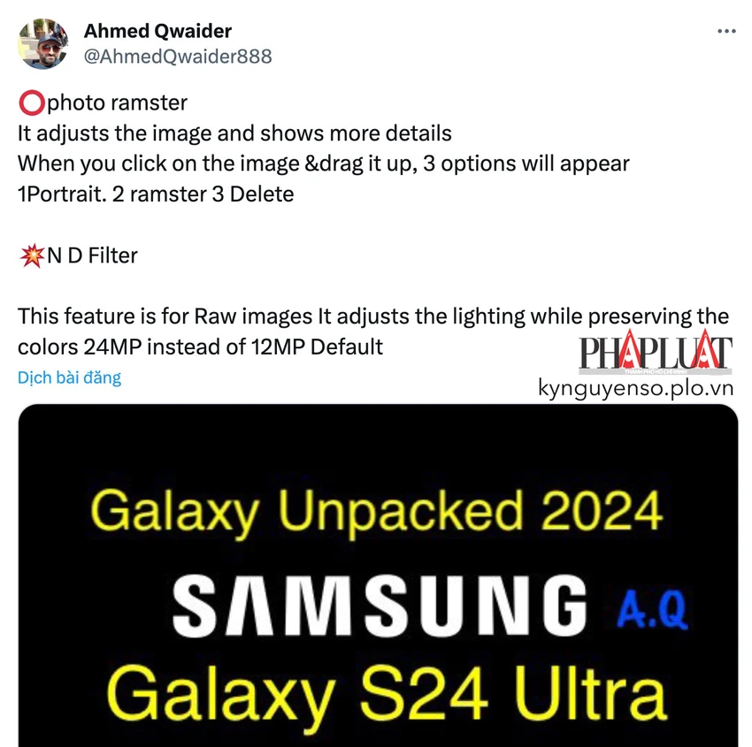 Ahmed Qwaider tiết lộ về camera trên Samsung Galaxy S24 Ultra. Ảnh chụp màn hình