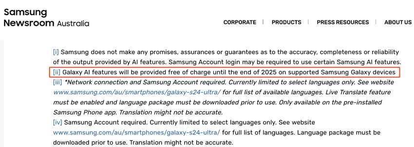 Các tính năng Galaxy AI sẽ chỉ miễn phí đến cuối năm 2025. Ảnh chụp màn hình