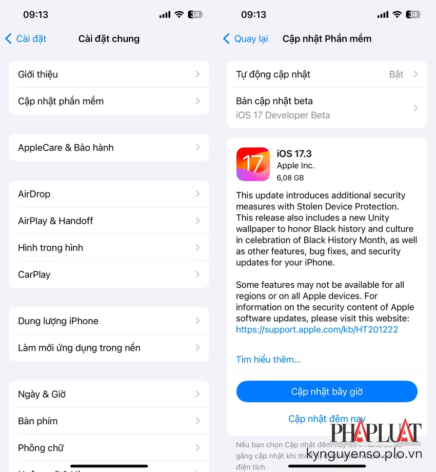 Cách cập nhật iOS 17.3 để hạn chế mất cắp iPhone. Ảnh: TIỂU MINH