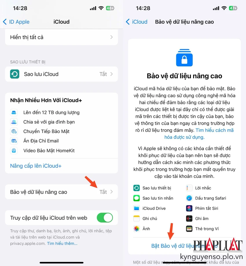 Kích hoạt tính năng Advanced Data Protection (bảo vệ dữ liệu nâng cao) trên iPhone. Ảnh: MINH HOÀNG
