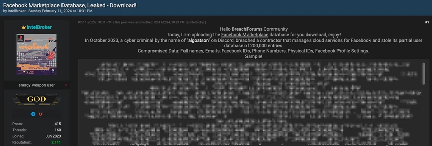 Thành viên IntelBroker chia sẻ 200.000 tài khoản Facebook Marketplace trên một diễn đàn hack. Ảnh: BleepingComputer