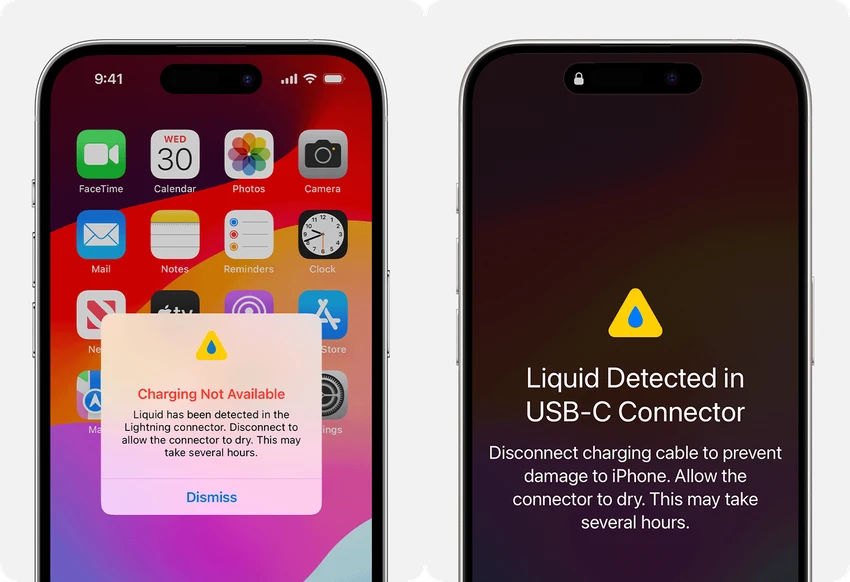 Không sạc iPhone khi thấy xuất hiện cảnh báo cổng sạc có nước. Ảnh: Apple