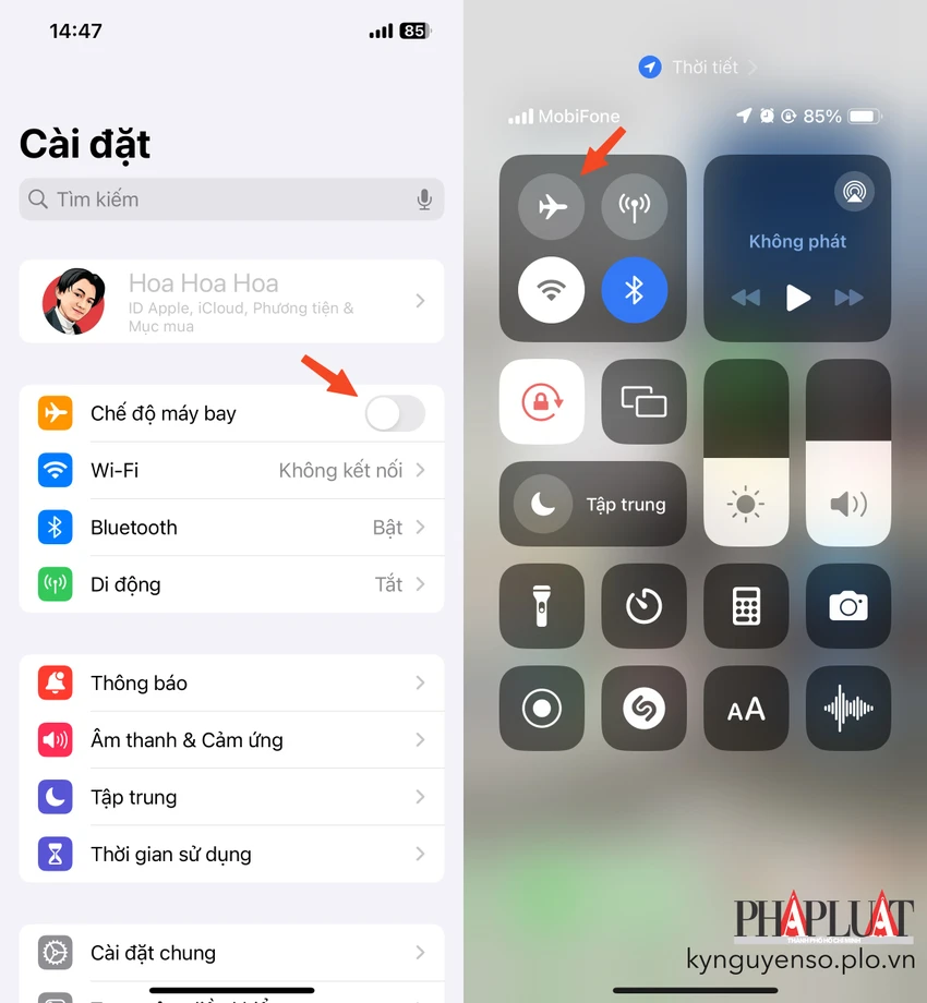 Bật/tắt chế độ máy bay trên iPhone để làm mới lại toàn bộ kết nối. Ảnh: MINH HOÀNG