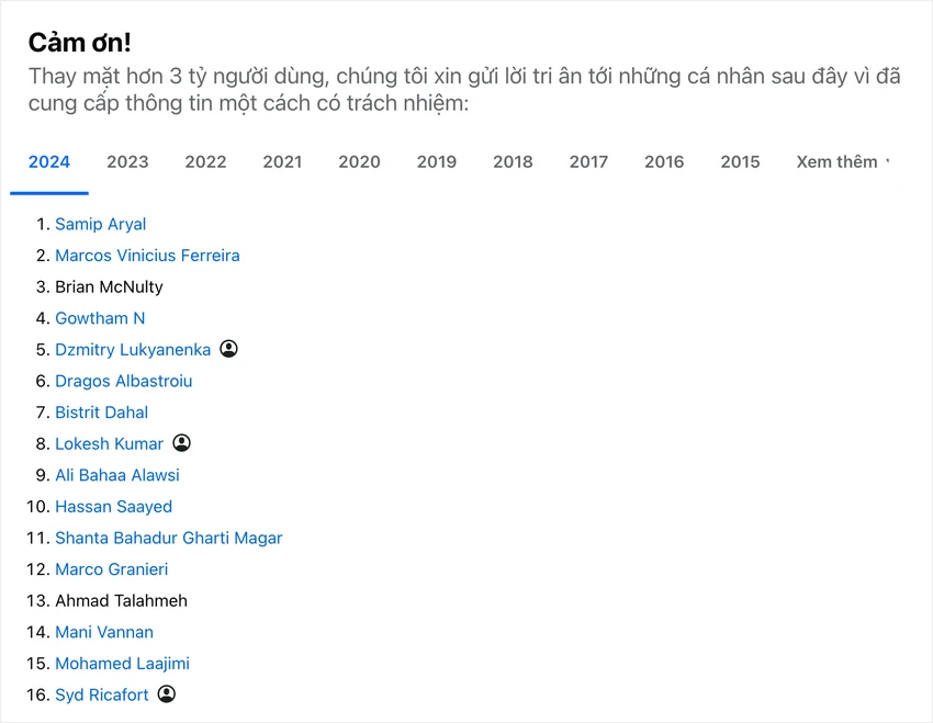 Danh sách White Hat Hall of Fame của Facebook năm 2024. Ảnh: TIỂU MINH