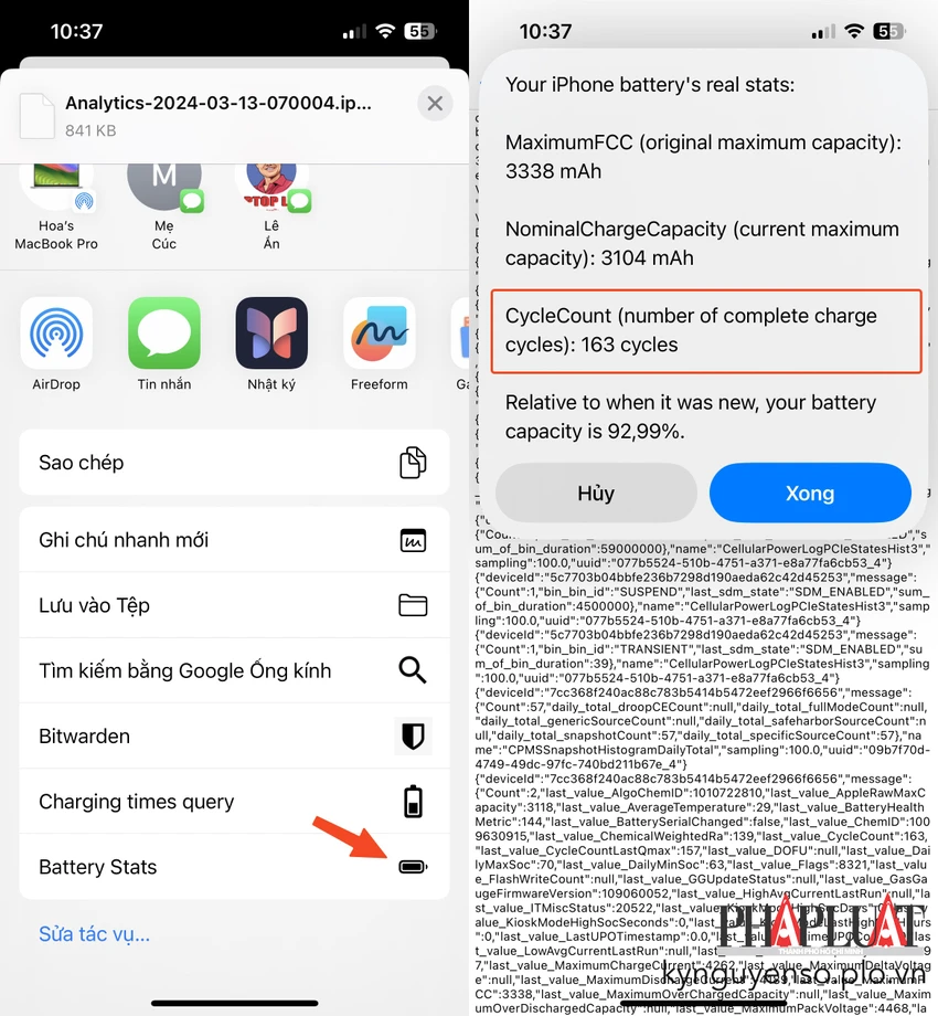 Kiểm tra chu kỳ sạc của iPhone bằng phím tắt Battery Stats. Ảnh: MINH HOÀNG