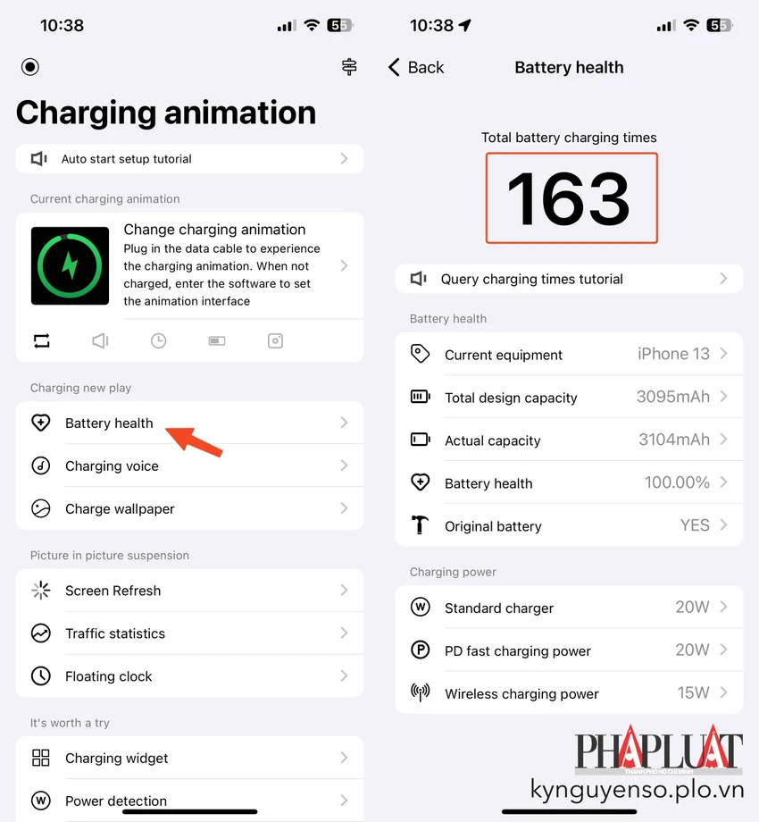 Kiểm tra chu kỳ sạc của iPhone bằng ứng dụng charging play. Ảnh: MINH HOÀNG