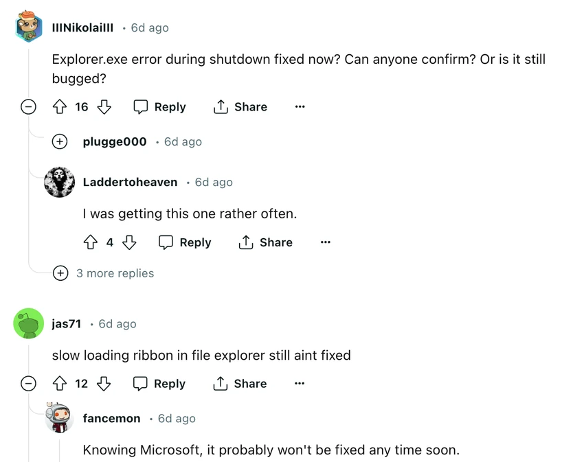 Các thành viên trên Reddit phàn nàn về các lỗi phát sinh sau khi cài đặt bản cập nhật Windows 11. Ảnh chụp màn hình