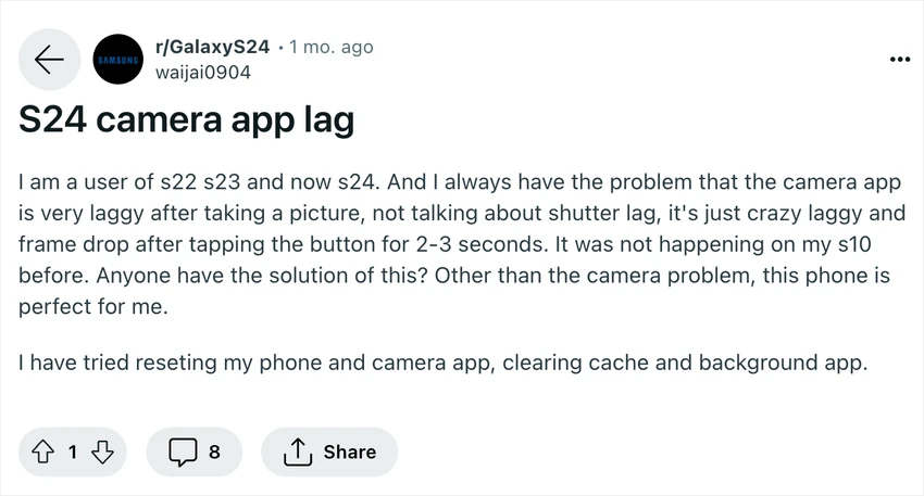 Nhiều thành viên trên Reddit phàn nàn về các lỗi trên Samsung Galaxy S24 Ultra. Ảnh chụp màn hình