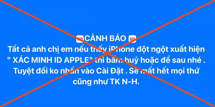 Cảnh báo mất tài khoản ngân hàng vì thông báo xác minh ID Apple là tin giả. Ảnh chụp màn hình