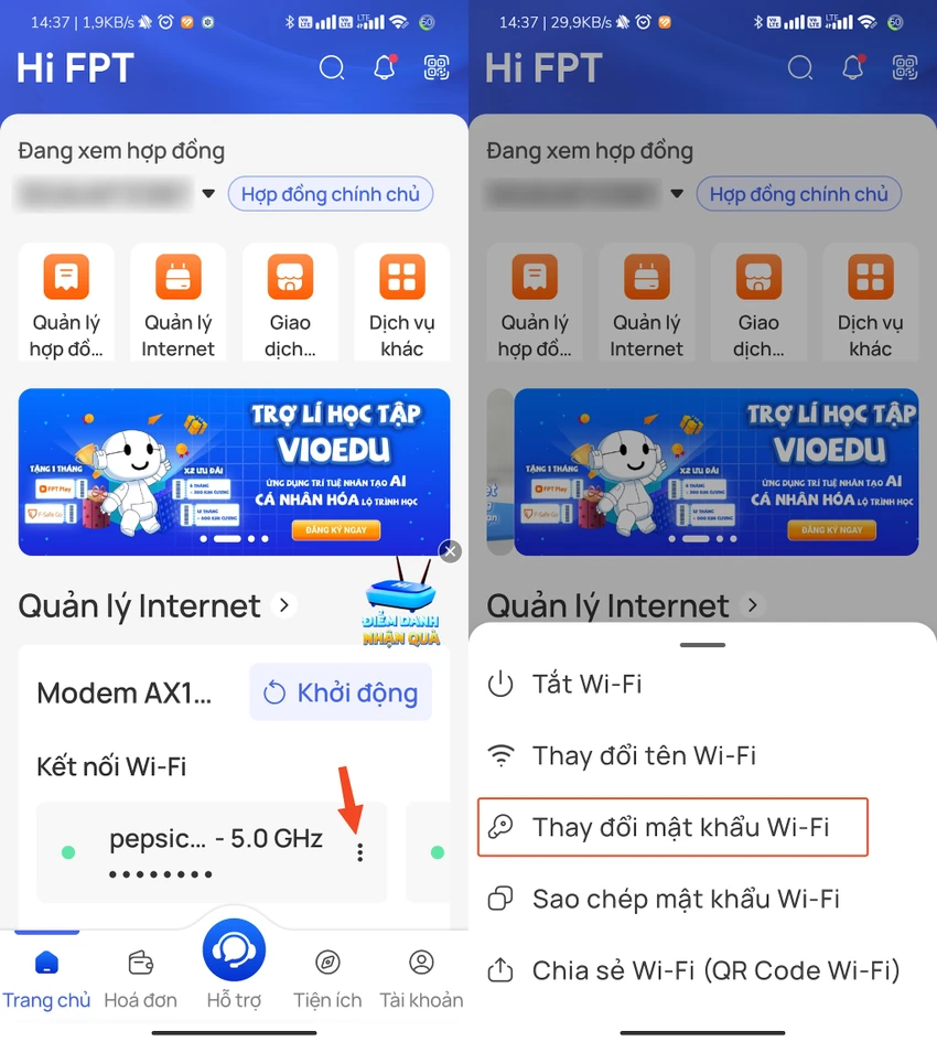 Đổi mật khẩu WiFi FPT bằng ứng dụng Hi FPT. Ảnh: MINH HOÀNG