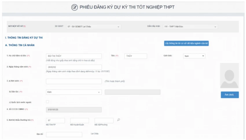 Phiếu đăng ký dự thi tốt nghiệp THPT năm 2024.
