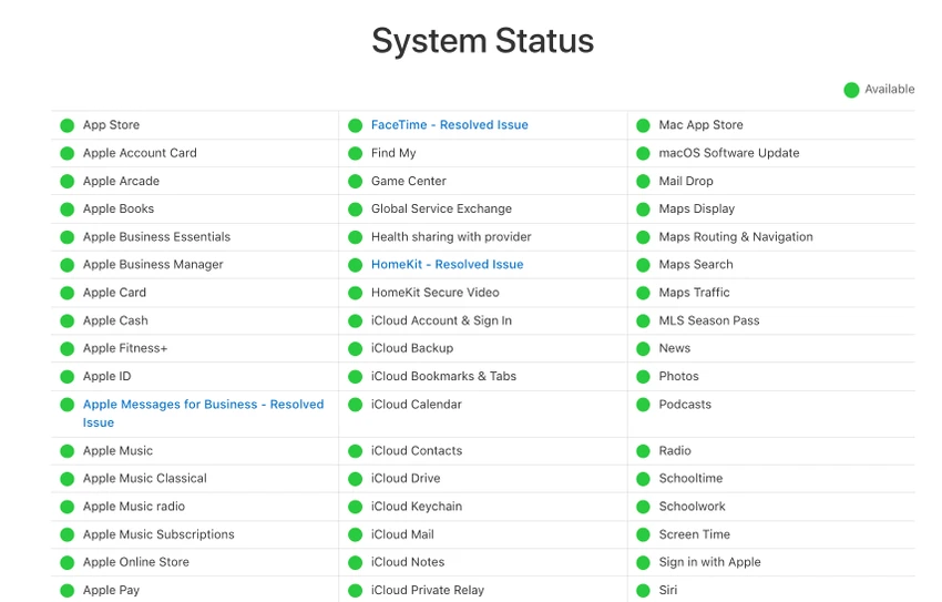 Tình trạng hoạt động của các dịch vụ của Apple. Ảnh chụp màn hình