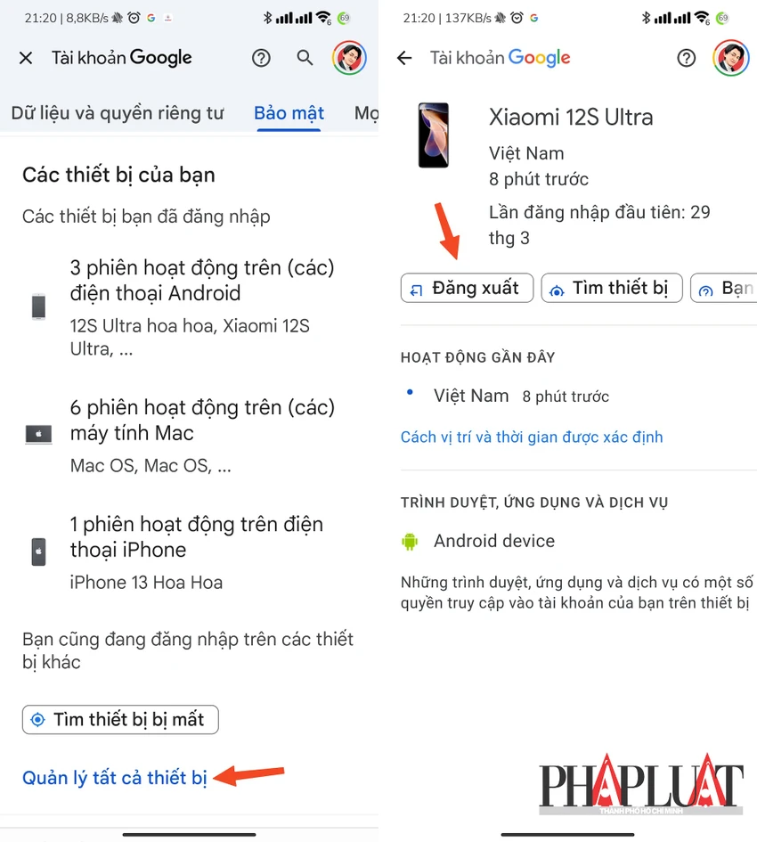 Cách đăng xuất tài khoản Google từ xa trên điện thoại. Ảnh: MINH HOÀNG