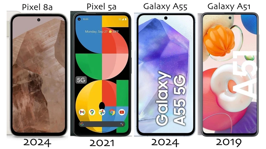 Thiết kế của Google Pixel 8a và Pixel 5a, điện thoại Samsung Galaxy A55 và Galaxy A51. Ảnh: PhoneArena